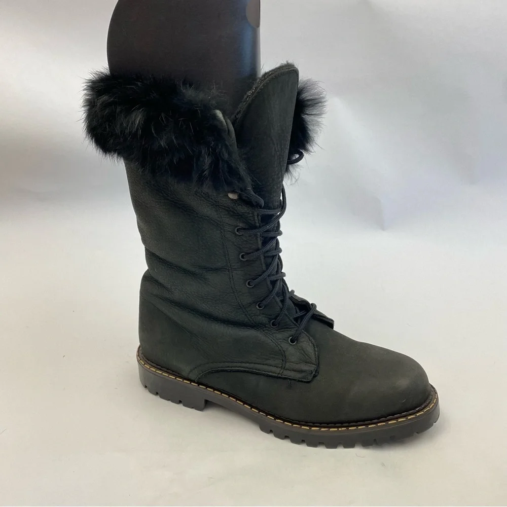 Sorel Rabbit Fur Shearling Lined Black Lace-Up Boots Made in Canada SZ 10 - Picture 4 of 10